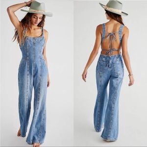 Free People Women's Kendra Denim Jumpsuit Size M Sleeveless Square Neck